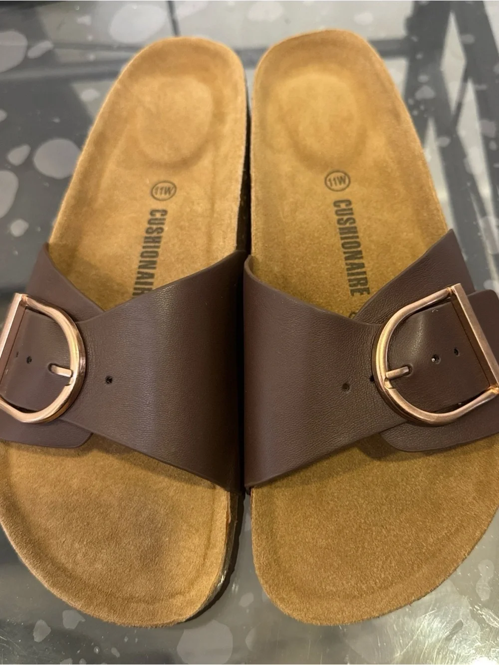Brown Cushionaire Women's Slide Sandals with Buckle